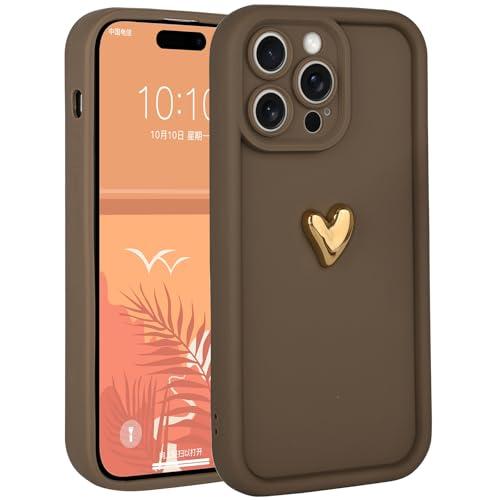Aleviker Cases for iPhone 15 Pro Cute 3D Golden Heart Design Soft Shockproof Slim Protective Silicone Phone Cover for Women Girls Brown
