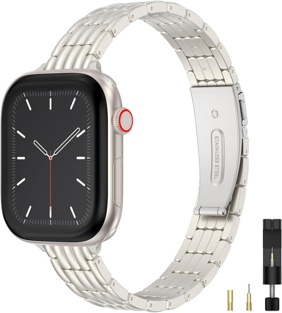 Wearlizer Slim Metal Band Compatible with Apple Watch Bands for Women 40/38/41/42/44/45/46/49mm, Dressy Stainless Steel Strap Gold Silver Bracelet for iWatch Series 11 10 9 8 7 6 5 4 SE/Ultra 3 2 1 (Starlight)