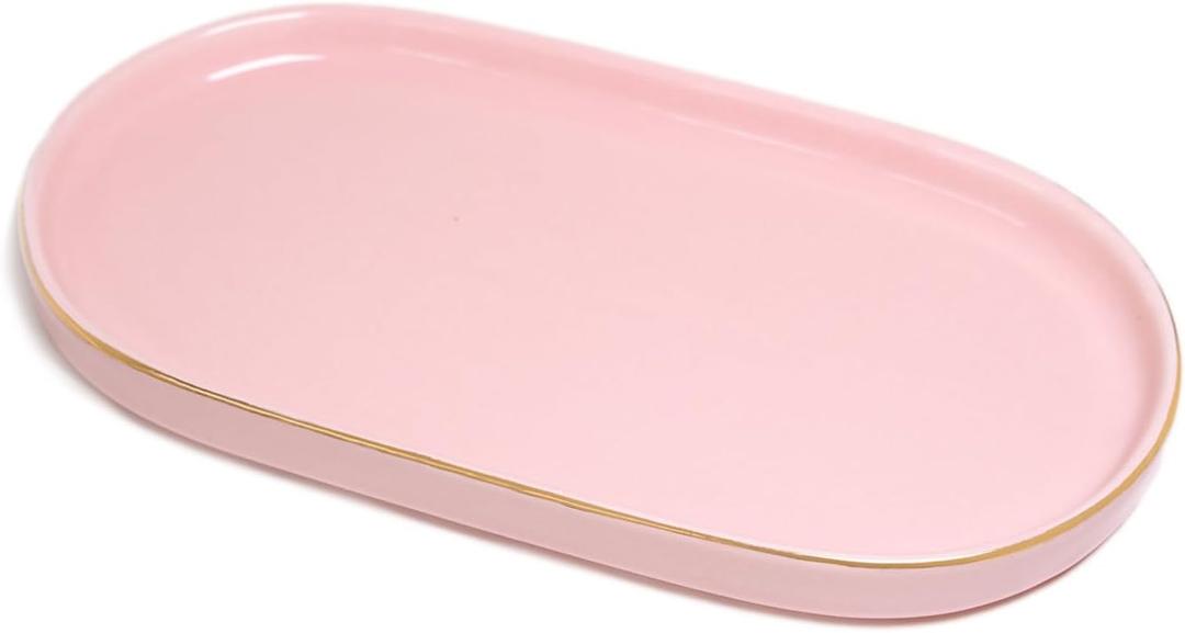 Ceramic Jewelry Dish, Perfume Vanity Tray, 7x4 Decorative Catch All Bowl for Trinket Key Ring, Small Bathroom Counter Tray, Soap Tray for Kitchen Sink (Pink)