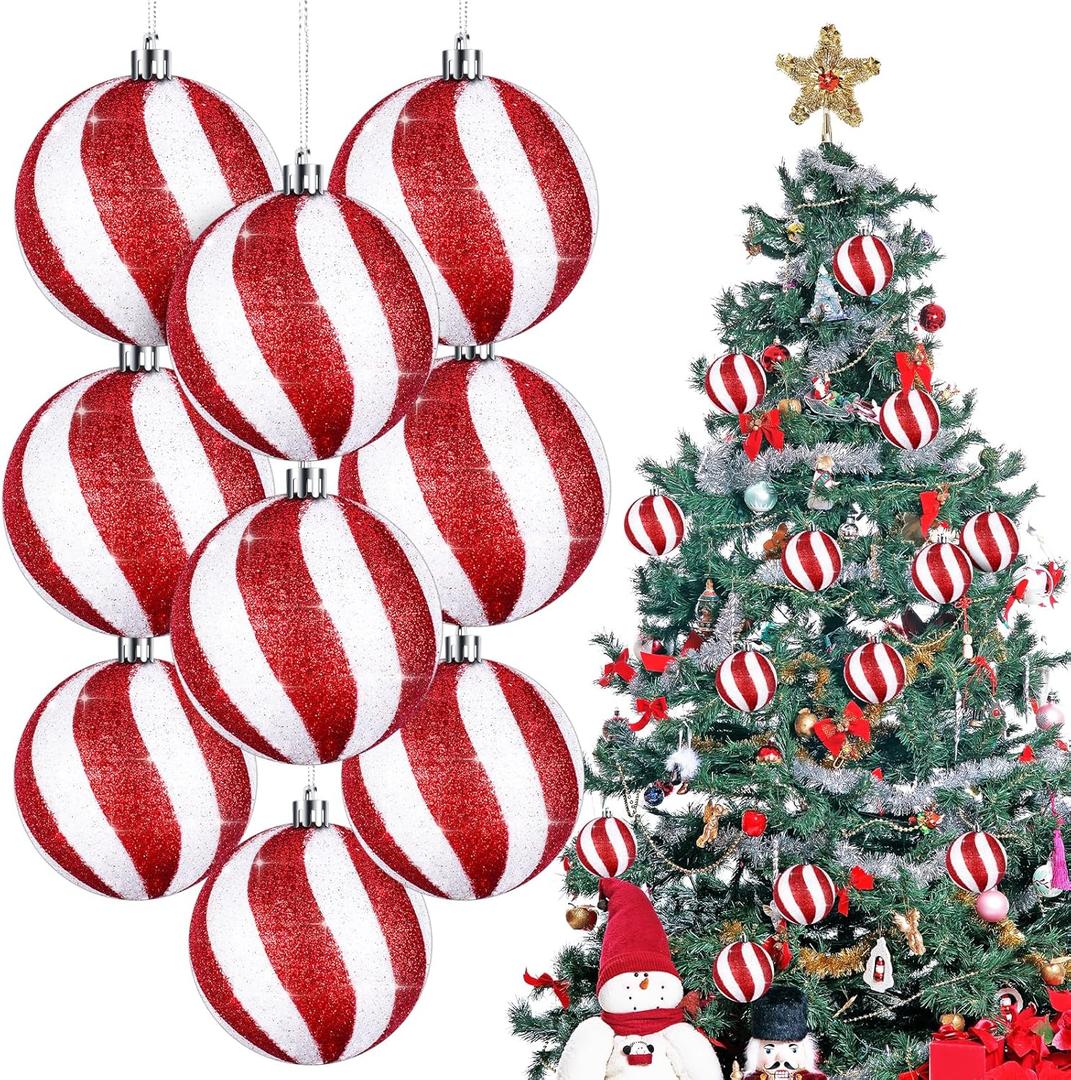 Liliful 12 Pieces 3.15 Inches Christmas Balls Ornaments Glitter Christmas Tree Decorations Plastic Painted Xmas Baubles Decorations for Xmas Swirl Hanging Ornaments Decor(White and Red)