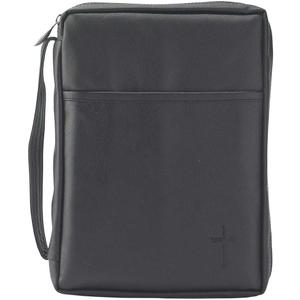 Black Outer Pocket Leather Like Vinyl Bible Cover Case with Handle Large