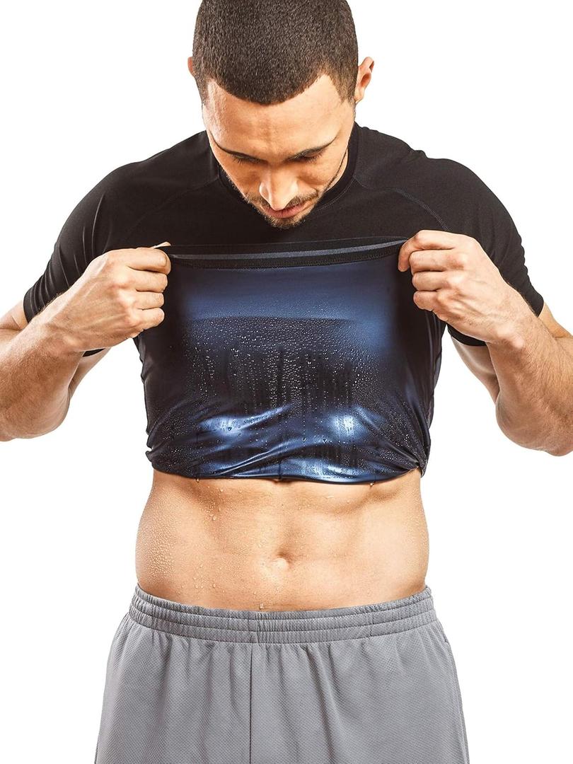 Sweat Shaper Men's Sauna Suit Shirt Athletic Tee, Short Sleeve Compression T-Shirt, Performance Baselayer Workout Shirt (Large, Black)