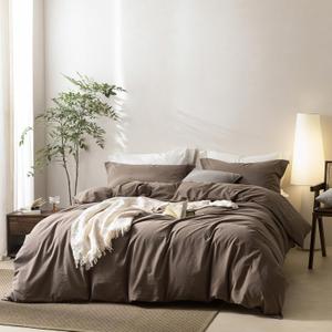 Linen Feel Light Chocolate Brown Duvet Cover Queen Size 90'' L x 90'' W, 100% Washed Cotton Duvet Cover with Zipper Closure Plus 2 Pillowcases, Oeko TEX Standard Certificated