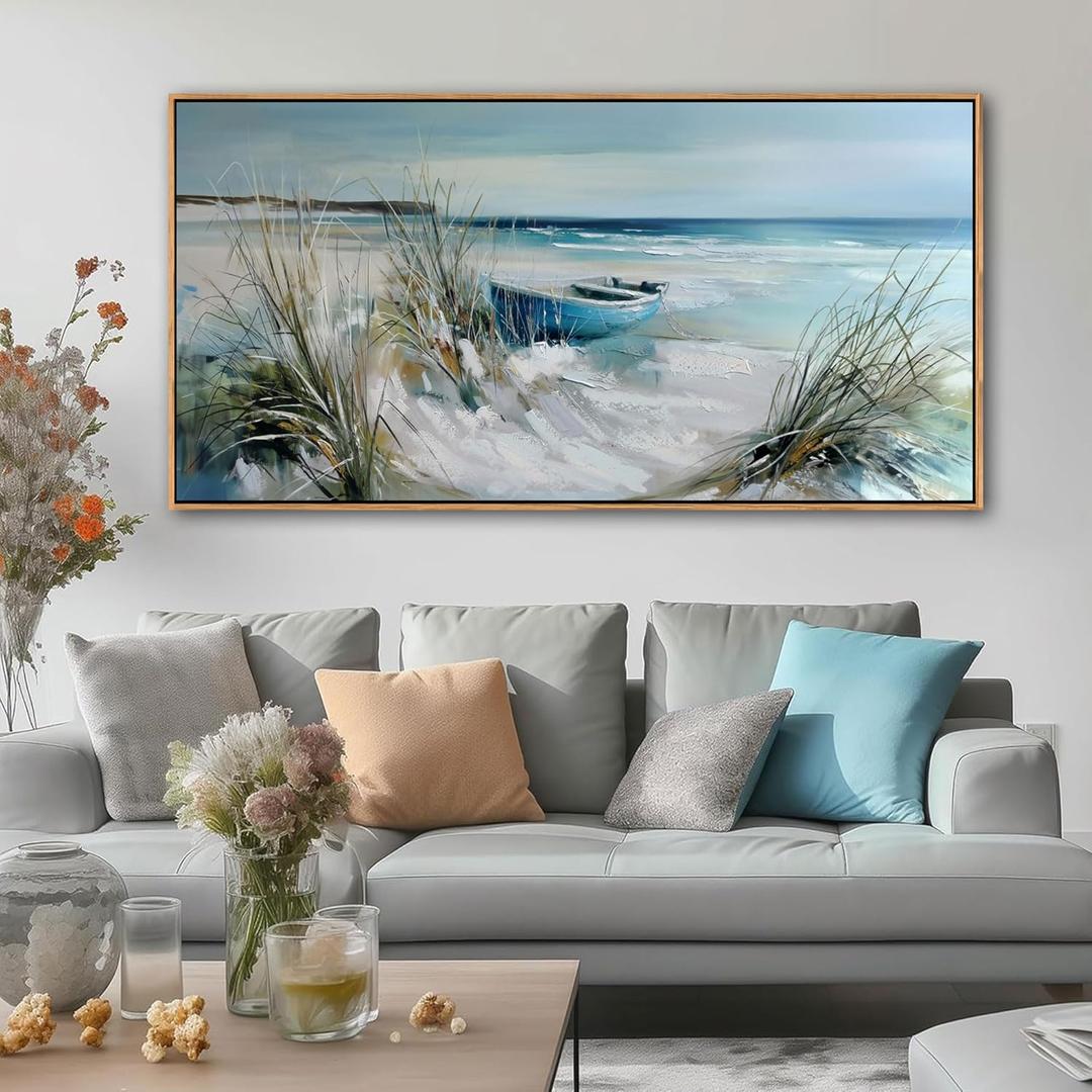 YDYSUNE Blue and White Coastal Wall Art Framed Canvas Picture - Beach Ocean Seascape Scenery Painting Artwork for Living Room,Bedroom Decoration Ready to Hang 24x48 Inches