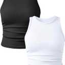 OQQ Women's 2 Piece Tank Tops Crew Neck Sleeveless Basic Stretch Casusal Yoga Crop Camis Black White, Large