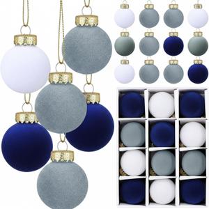 30 Pcs Dusty Blue Velvet Christmas Balls Bulk 3.15 Inch Flocked Christmas Tree Ball Ornaments, Plastic Xmas Decorative Shatterproof Hanging Ornaments Bulb Loop for Party Holiday