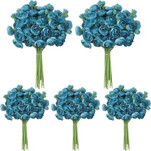 5 Bouquets Teal Ranunculus Artificial Flowers, 30 Pcs Silk Mini Faux Ranunculus Bouquet for Wedding, Bridal Shower, Centerpieces, and DIY Decorations