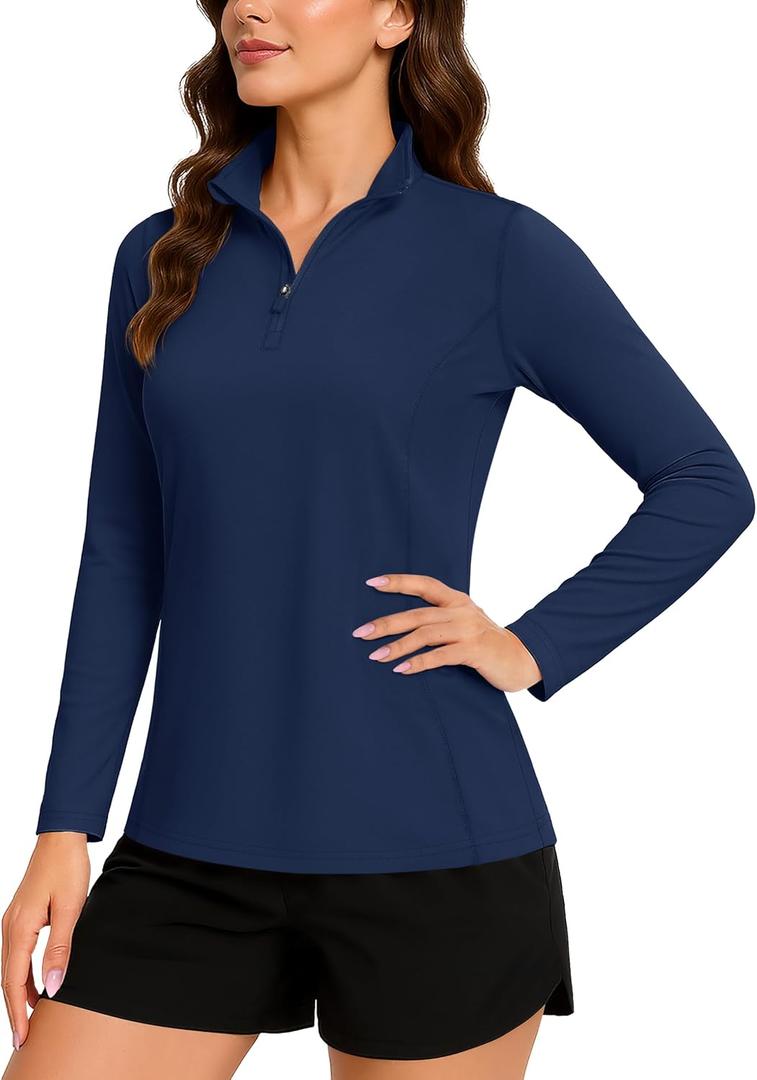 TACVASEN Women's Quarter Zip Pullover Golf Shirts UPF 50+ Long Sleeve Sun Shirts UV Protection Workout Tops (Large, Navy)