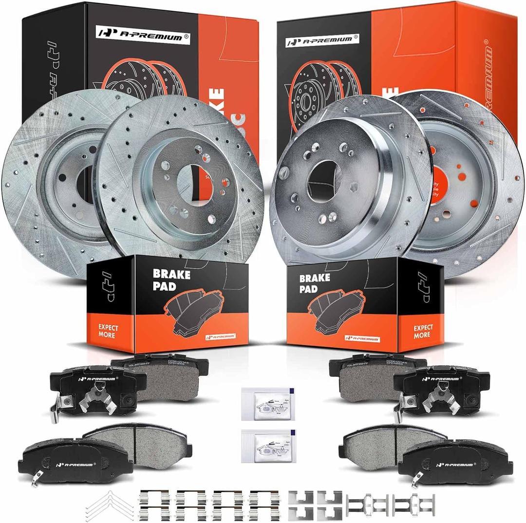 A-Premium Front and Rear Drilled and Slotted Disc Brake Rotors + Ceramic Pads Kit Compatible with Select Honda Models - CR-V 2005-2006 12-PC Set