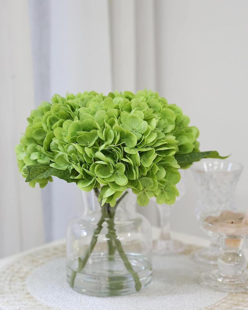 CHASMILE Lifelike Artificial Hydrangea Arrangement in Decorative Vase - Real Touch Fake Flowers for Home, Office, Bathroom or Water Bar Decor, Elegant Table Centerpiece (No Water Needed) (Green)