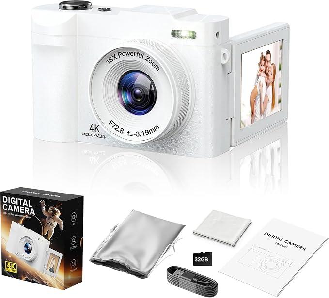 4K Digital Camera for Photography- 50MP Autofocus Vlogging Camera with 2.8" 180°Flip Screen, 18X Digital Zoom- Compact Point and Shoot Camera with 32GB TF for YouTube, Travel, Beginners, White