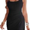 CHICME Women's Sleeveless Square Neck Bodycon Mini Dress Ruched Cocktail Party Romper Dresses (Medium, Black)