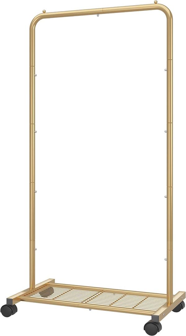 Standard Clothes Garment Rack, Clothing Rolling Rack with Mesh Storage Shelf on Wheels, Golden Yellow