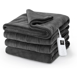 Sunbeam Electric Royal Luxe Microplush Heated Blanket, 12 Heat Settings, 12-Hour Auto Shut-Off, Fast Heating, Warm & Cozy, Machine Washable, Night Fog Color, Full (84" x 72")