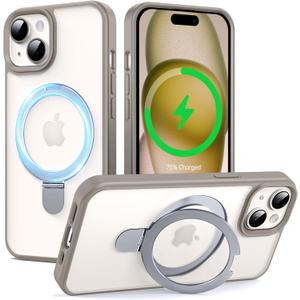 Supdeal Magnetic Stand Case for iPhone 15 with Invisible Ring Kickstand [Compatible with MagSafe] [Military Drop Protection] Shockproof Protective Translucent Matte Phone Cover, 6.1'', Grey