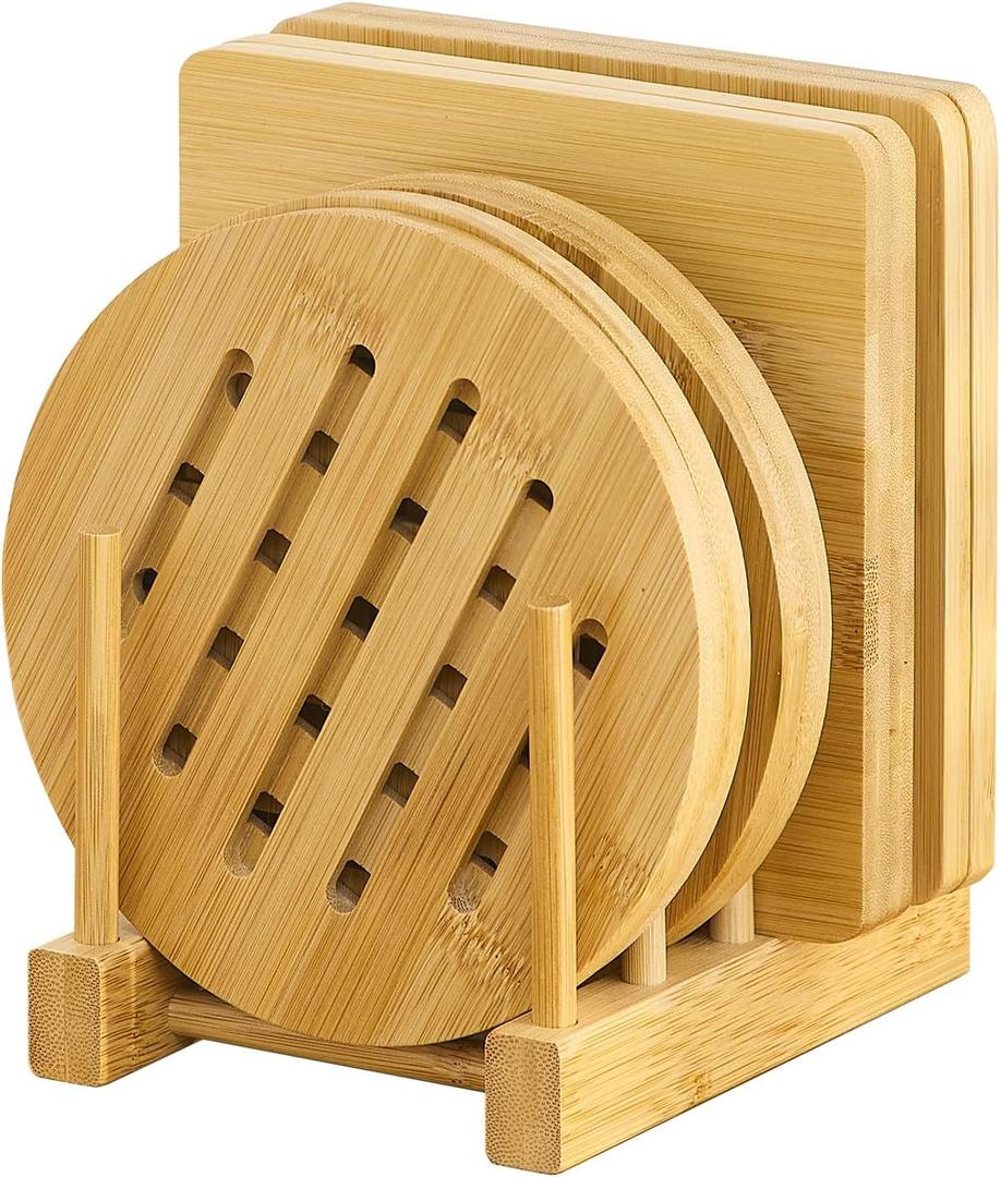 GHWIE Bamboo Trivet with Stand - Heat Resistant Pot Holders for Kitchen, Multi-Purpose Pads, Plate Mats, Large Stove Mat - Air Fryer Accessories and Trivets for Hot Dishes, 4 PCS