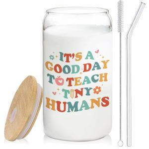 Teacher Glass Cup with Lids and Straws 14oz, Back to School Teacher Gifts, Kindergarten Teachers Appreciation Gifts Glass Iced Coffee Tumbler Drinking Jars with Cleaning Brush