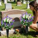2 Sets Artificial Cemetery Flowers with Vase Memorial Flowers Bouquet & Heavy-Ground Spike Vases Fade-Proof, Windproof Grave Memorial Flowers for Cemetery Headstones Decoration (purple white)