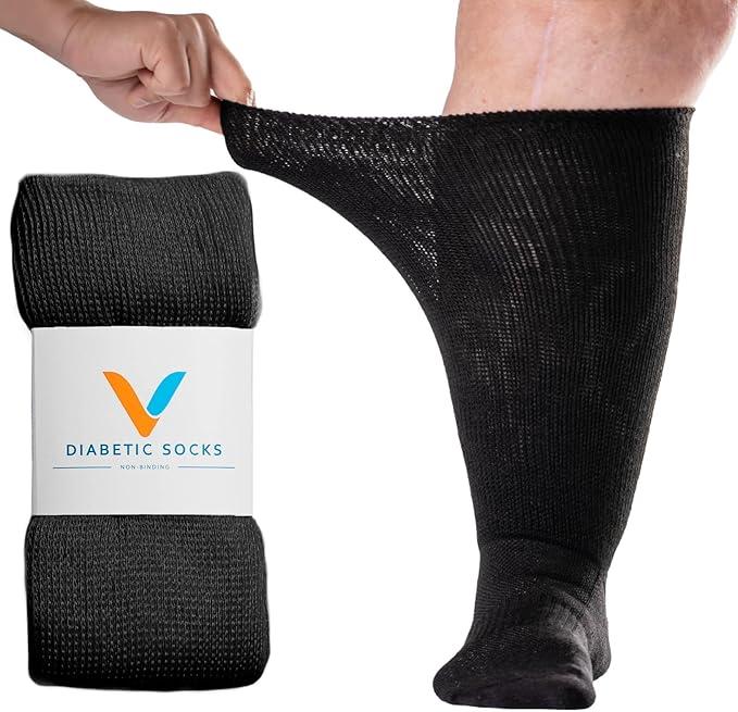 Viasox EasyStretch Diabetic Socks for Men & Women, Non Binding Top, Seamless Toe, Loose Fit (Black, X-Large)