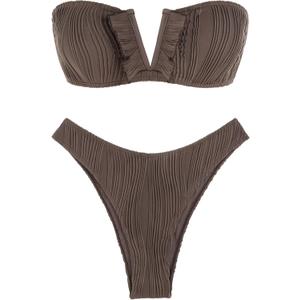 ZAFUL Women's Strapless Ribbed V Wired Lace Up Ruffle Tie High Cut Bandeau Swimsuits Bikini Set (5-deep Coffee)
