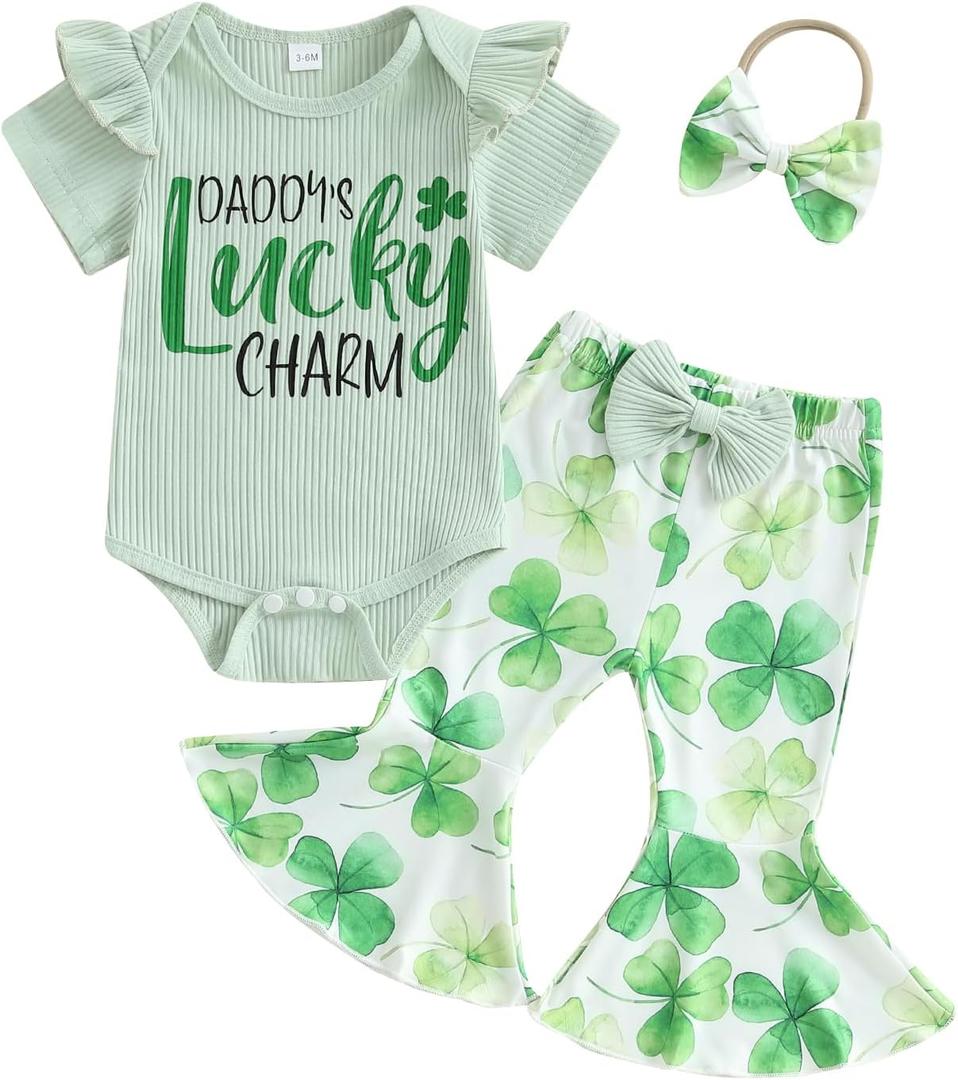 Newborn Baby Girl St Patricks Day Outfit Short Sleeve Letter Print Romper Clover Flare Pants Headband Clothes Set, 6-12M