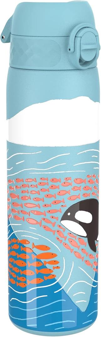 Ion8 Steel Water Bottle, 600 ml/20 oz, Leak Proof, Easy to Open, Secure Lock, Dishwasher Safe, Flip Cover, Fits Cup Holders, Carry Handle, Durable, Scratch Resistant, Raised Print, Blue, Whale Design
