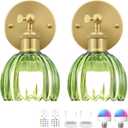 Vintage Battery Operated Wall Sconce, Green Tulip Glass Lampshade Wireless Rechargeable Battery Powered LED Wall Light with Remote Dimmable for Bedside Bedroom Doorway Living Room, Set of 2