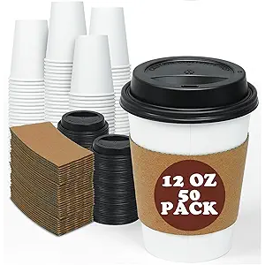 SLFxotro Coffee Cups 12 oz 50 Pack, Disposable Paper Cups 12 oz, White Paper Hot Coffee Cups Suitable for Party, Picnic, Travel, and Events-white