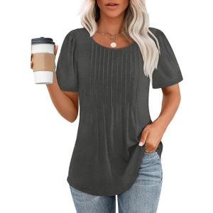 OFEEFAN Womens T Shirts Short Sleeve Pleated Dressy Casual Scooped Neck Summer Tops Blouses (XX-Large, 04-dark Grey)