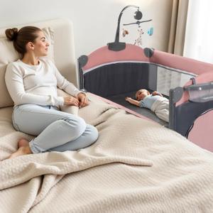 5 in 1 Baby Crib, Baby Bassinet, Bedside Cribs, Pack and Play with Changing Table, Portable Travel bedToys & Music Box, Mattress for Girl Boy Infant Newborn (Pink)