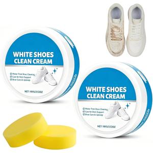 2PCS White Shoe Cleaner Cream, Multipurpose No-Wash Cleaning Solid Paste, MultiFunctional Sneaker Cleaner with Sponge Removes Stains for Sneakers
