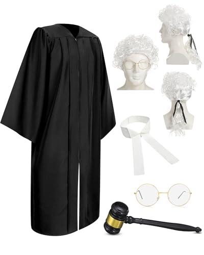 Hillban 5 Pcs Halloween Judge Costume Accessory Judge Robe False Collar Wooden Gavel Wig and Glasses for Halloween Cosplay (White Wig,45”(5'0”-5'2”))
