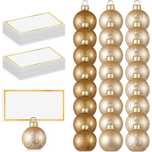 Civaner 24 Pcs Christmas Ornament Place Card Holders and Name Cards Set Gold Glass Ball Table Number Sign Holder for Xmas Winter Wedding Anniversary Birthday Party,1.6 Inch