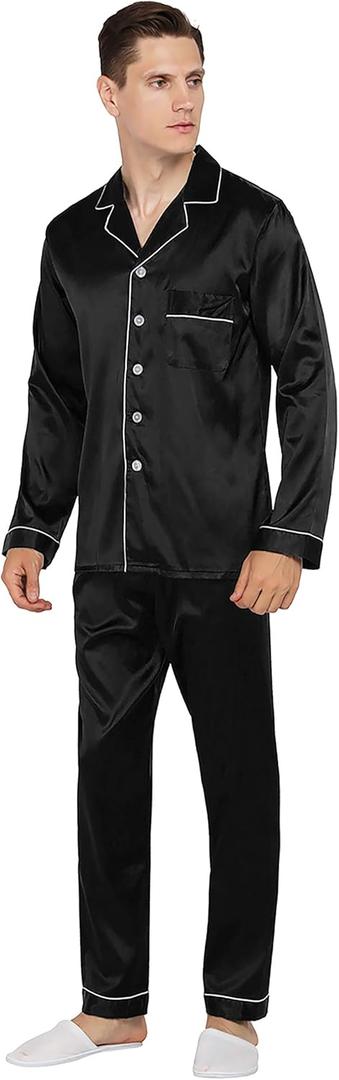 YIMANIE Mens Satin Pajamas Set Classic Short Sleeved and Long Pants Sleepwear Loungewear (XX-Large, Black-long Sleeved Pants)