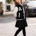 Girls 2 Piece Outfits Skirt Set Button Up Baseball Jacket With Pleated Skirt Set Preppy Fall Winter Clothes 3-12Years (Black)