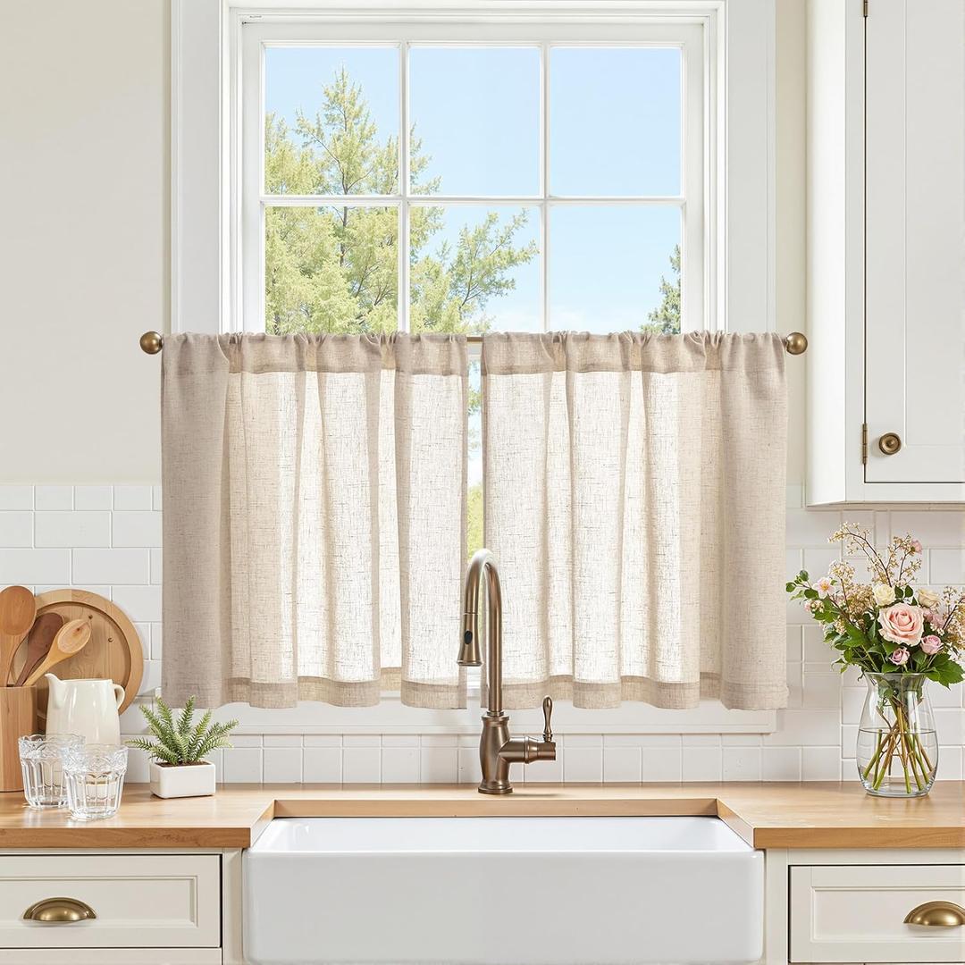 jinchan Kitchen Curtains Linen Tier Curtains 24 Inch Farmhouse Cafe Drapes for Small Window Flax Country Rustic Rod Pocket Bathroom Laundry Room RV Light Filtering 2 Panels Crude, 38"W x 24"L (Pack of 2), Rod Pocket Crude