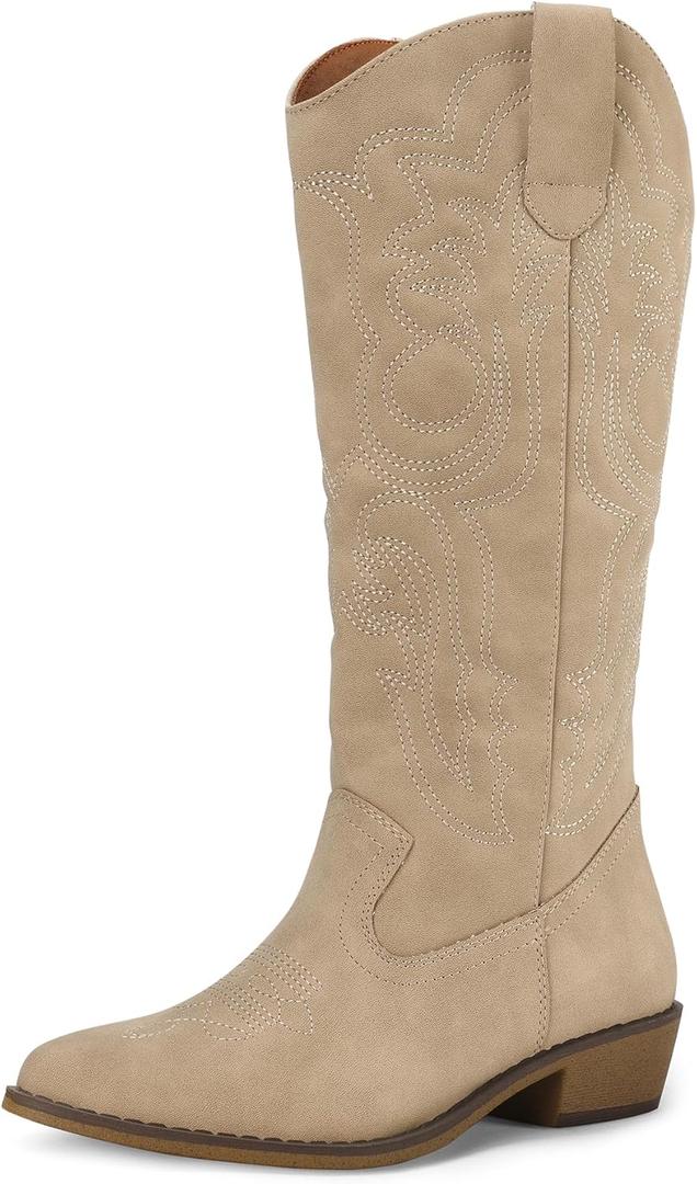 mysoft Women's Cowboy Boots Mid Calf Cowgirl Embroidered Western Pointed Toe Chunky Heel Pull On Knee High Boots (8.5, Tan)