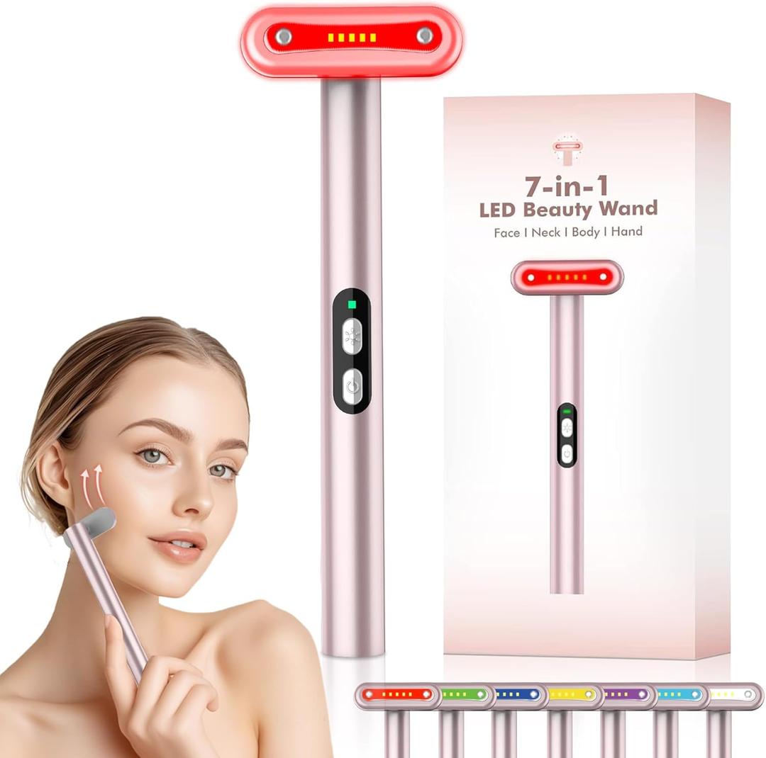 Face-Massager, Red Light Therapy for Face, 7 Colors Led Face Wand Light Therapy Facial Massager Tool (Rose Golden 17)