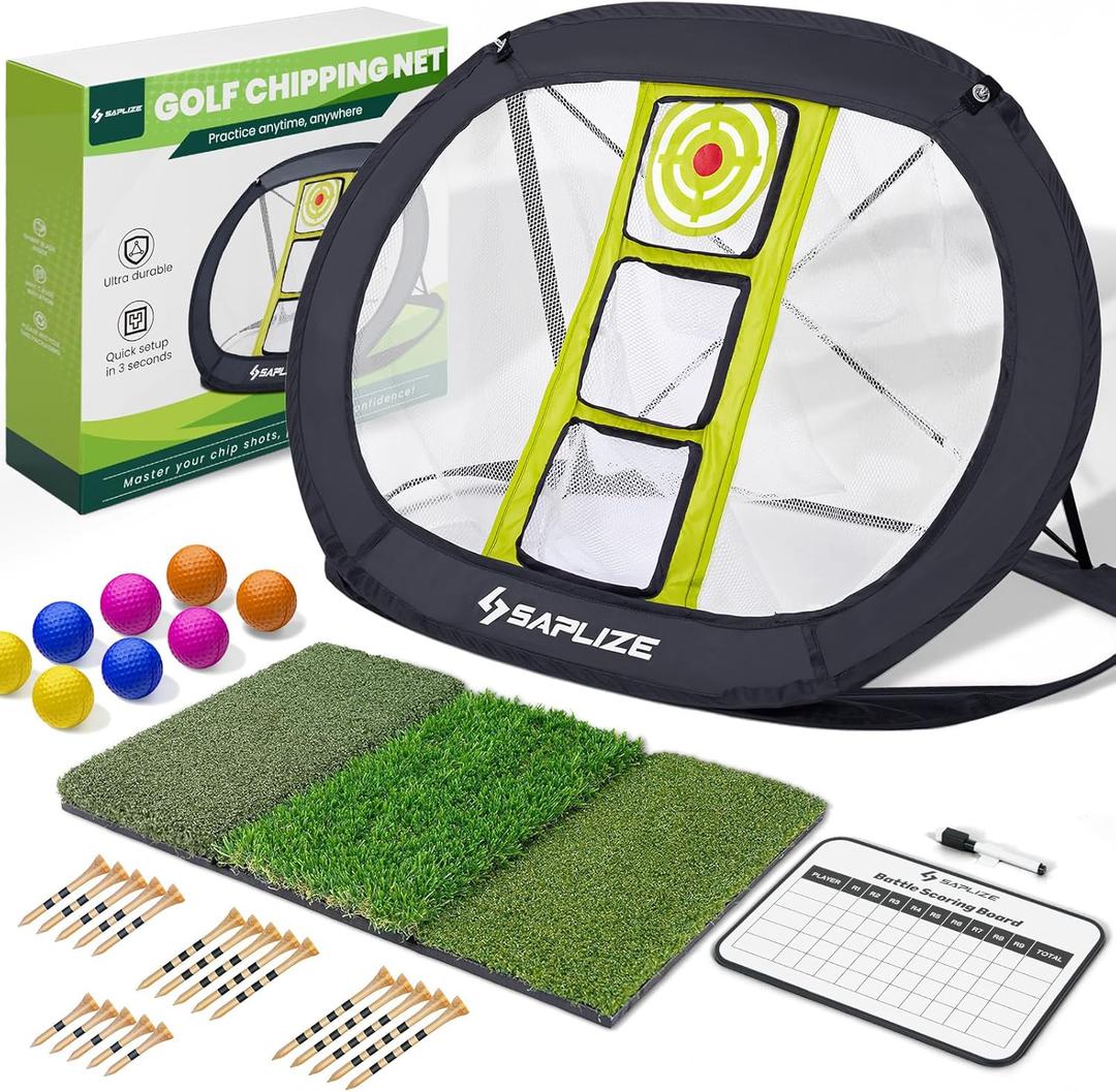SAPLIZE Ultra-Stable Golf Chipping Net Set with Pop-Up Target, Tri-Turf Mat, Foam Practice Balls, Tees and Scoring Board for Indoor and Outdoor Chipping Accuracy and Swing Training