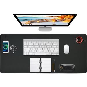Desk Mat with Wireless Charging Mouse Pad Gaming Large Desk Pad with Wireless Charger 32x16 Waterproof Black Leather Computer Mat Mousepad Non-Slip Protector on Top of Desks