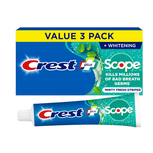 Crest + Scope Whitening Toothpaste - Pack of 3, 5.4 Oz Tubes - Anticavity Fluoride Toothpaste, Fresh Breath, Kills Germs - Tartar Protection, Enamel Protection - Minty Fresh Flavor