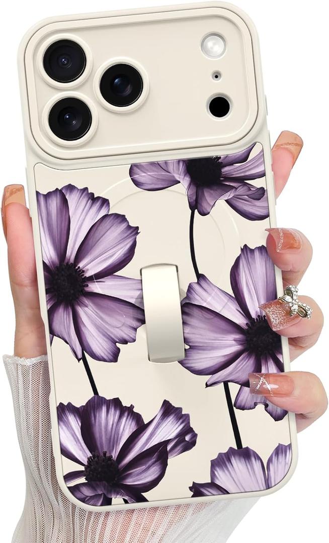 KANGHAR Compatible with iPhone 17 Pro Case, Magnetic Compatible with MagSafe, Cute Flower Leaves Pattern Wristband Kickstand Full Camera Lens Shockproof Protective Case for Girls Women, White