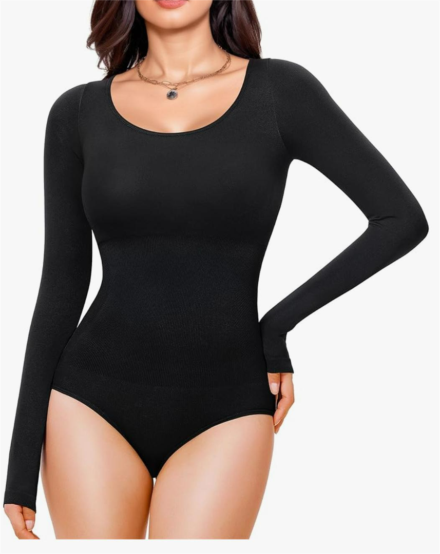 Nebility Long Sleeve Bodysuit for Women Tummy Control Crew Neck Body Suits Tops Slim Fit XL