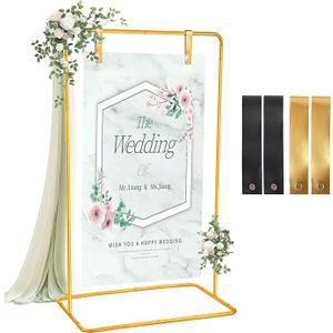Wedding Welcome Sign Stand, Adjustable Welcome To Our Wedding Sign Stand, 70x 31x 20Welcome Sign Holder with 4 Leather Sign Hanging Straps, Wedding Seating Chart Stand, Easel for Display, Gold