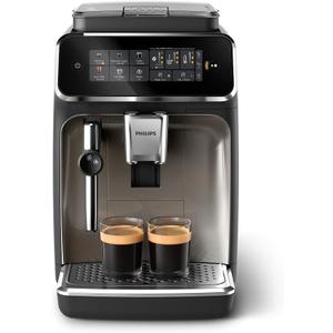 Philips 3300 Series Fully Automatic Espresso Machine with integrated milk frother and grinder, 5 Hot & Iced Coffee Pre-Sets, 40% Quieter SilentBrew, 15-Bar Pressure, Glossy Black (EP3326/90)
