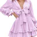 AlvaQ Womens Dresses Spring Summer Knot Front V Neck Ruffles Long Sleeve Floral Print Swing Mini Dress (Medium, Pink)