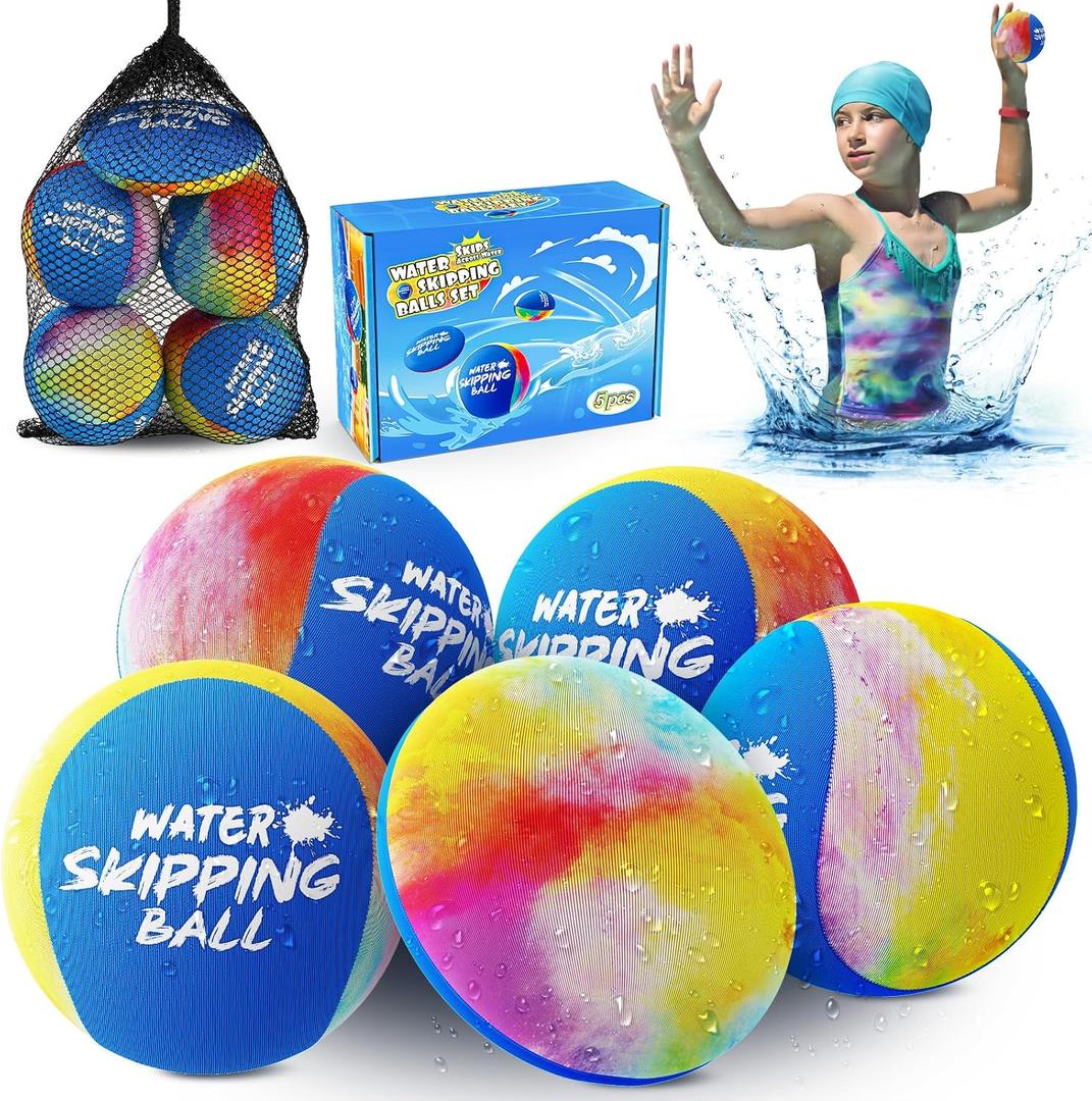 Water Skipping Ball Pool Water Toy, 5 Pack Water Bouncing Ball Ink-Splashed Colorful Skip Balls, Summer Beach Swim Toys Games for Kids and Adult Games