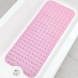 Linoows Bathtub and Shower Mats, Extra Long Non-Slip Bath Tub Mat 39 x 16 Inch, Machine Washable Bathmat with Suction Cups & Drain Holes for Bathroom Floor, Pink