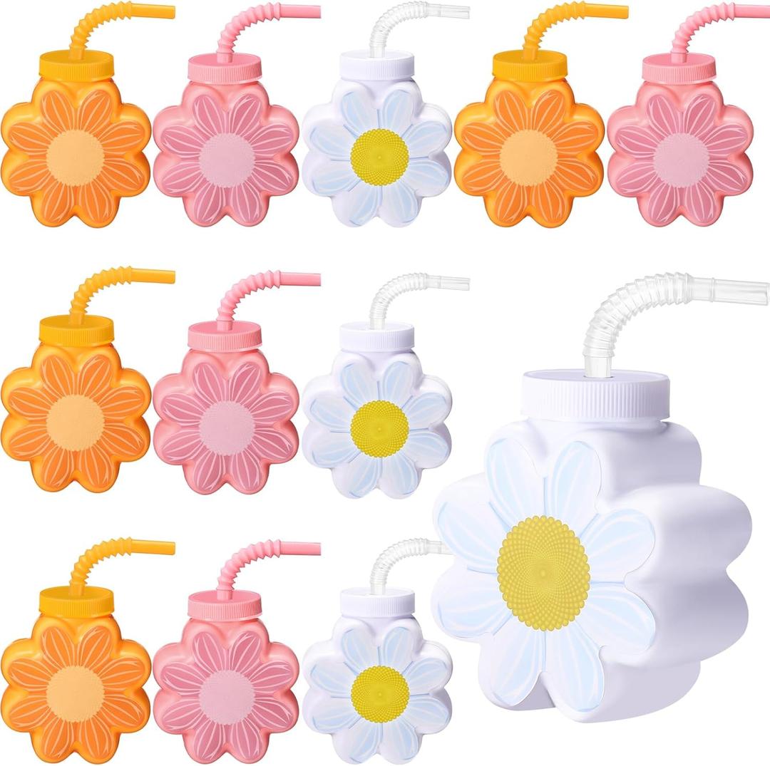 Domensi 12 Pcs Daisy Themed Party Favor Gift Supplies Daisy Flower Cups with Lids and Straws,10 oz Chrysanthemum Flower Plastic Cups for Birthday Party, Wedding Baby Shower Party Decorations Supplies