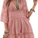 Eomenie Women's Contrast Lace Bathing Suit Cover Up V-Neck Swimsuit Coverups Loose Swimwear Beach Dress Beachwear (Pink). One size